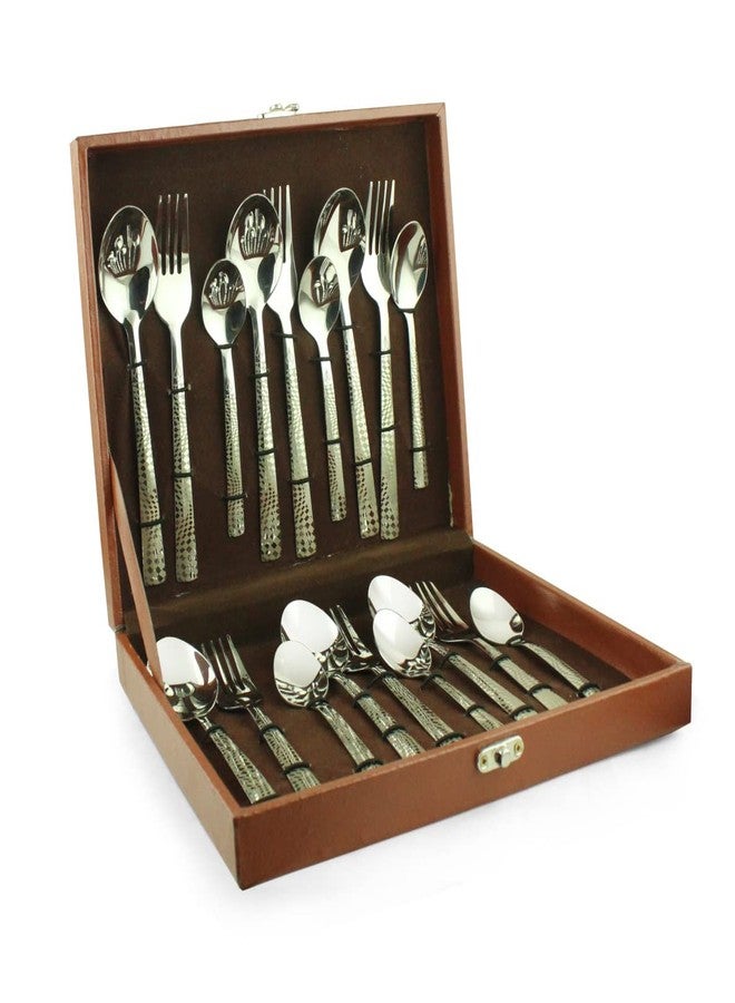 Fns Montavo - Stainless Steel, Lush Laser Engraving Style - Premium Cutlery Set, 18 Pieces, Pack of 18 Units, Silver Color - Includes 6 Dinner Spoons, 6 Dinner Forks, 6 Tea Spoons with Leatherette Box - Image 1